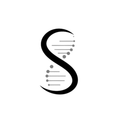 Black and white DNA double helix symbol on a white background