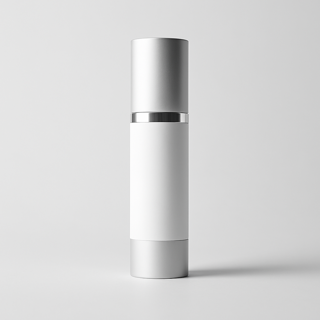 Minimalist white airless pump skincare bottle with a sleek, modern design for creams and serums